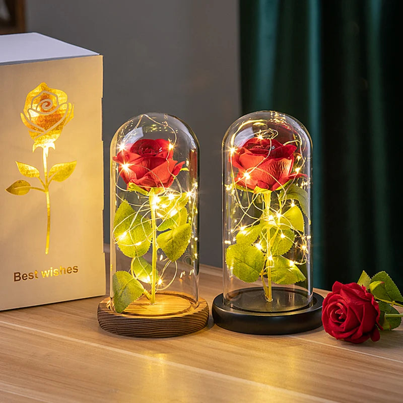 Artificial Eternal Rose Flowers LED Light Foil Flower in Plastic Cover Birthday Valentine's Day Gifts Wedding Party Supplies