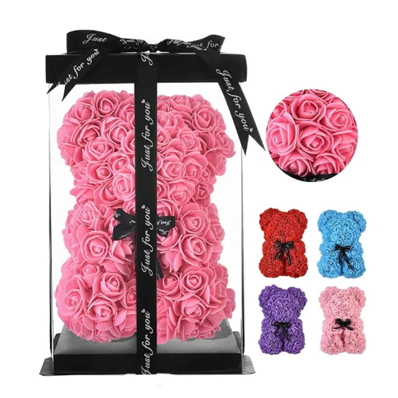 Teddy Rose Flower Bear with Box Romantic Valentines Day Gift Girlfriend Women Anniversary Wedding Party Supplies