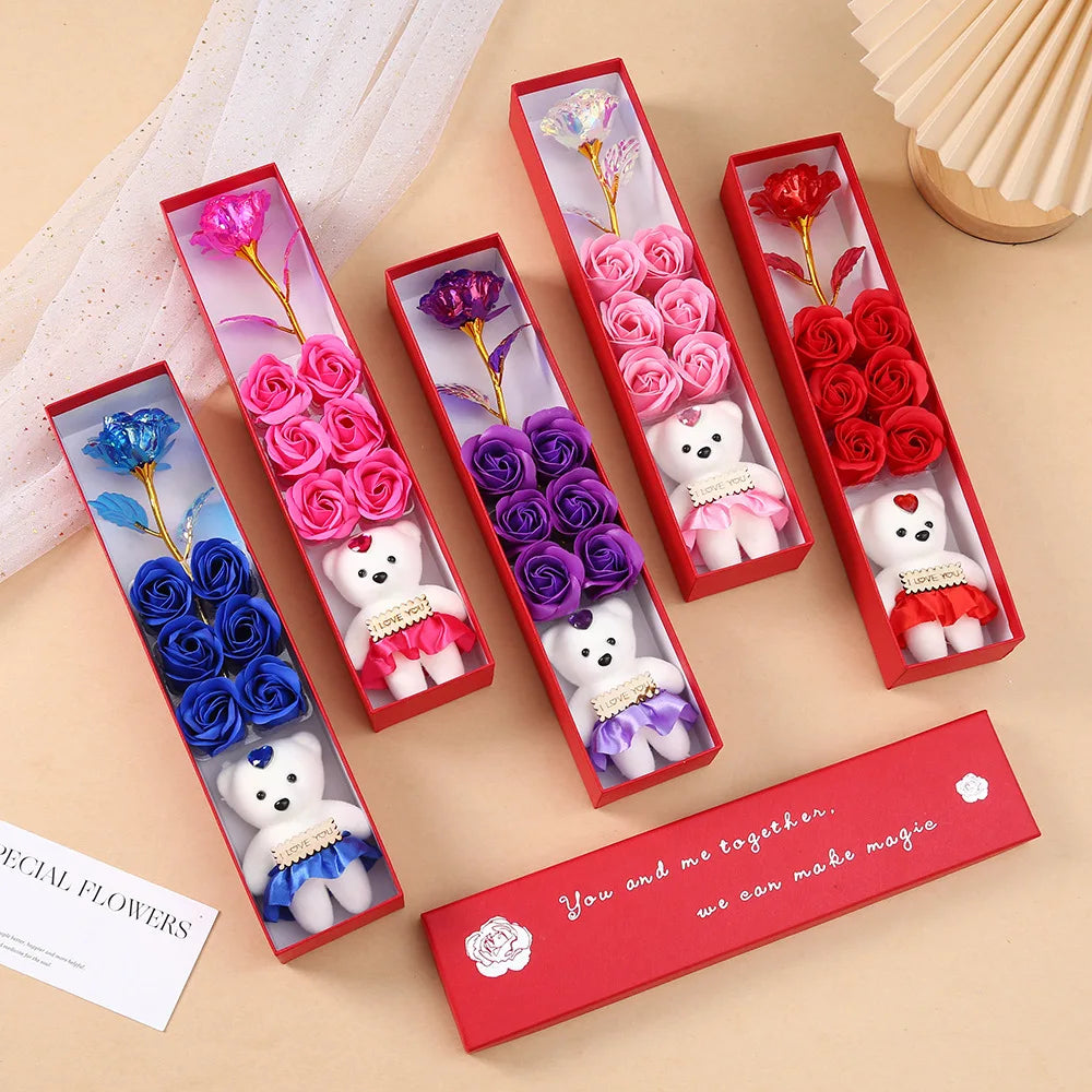 2026 Plush Bear Artificial Flower Gift Box Soap Rose Flowers 24K Gold Foil Rose Valentines Day Mother Day Gift Wedding Home Decor