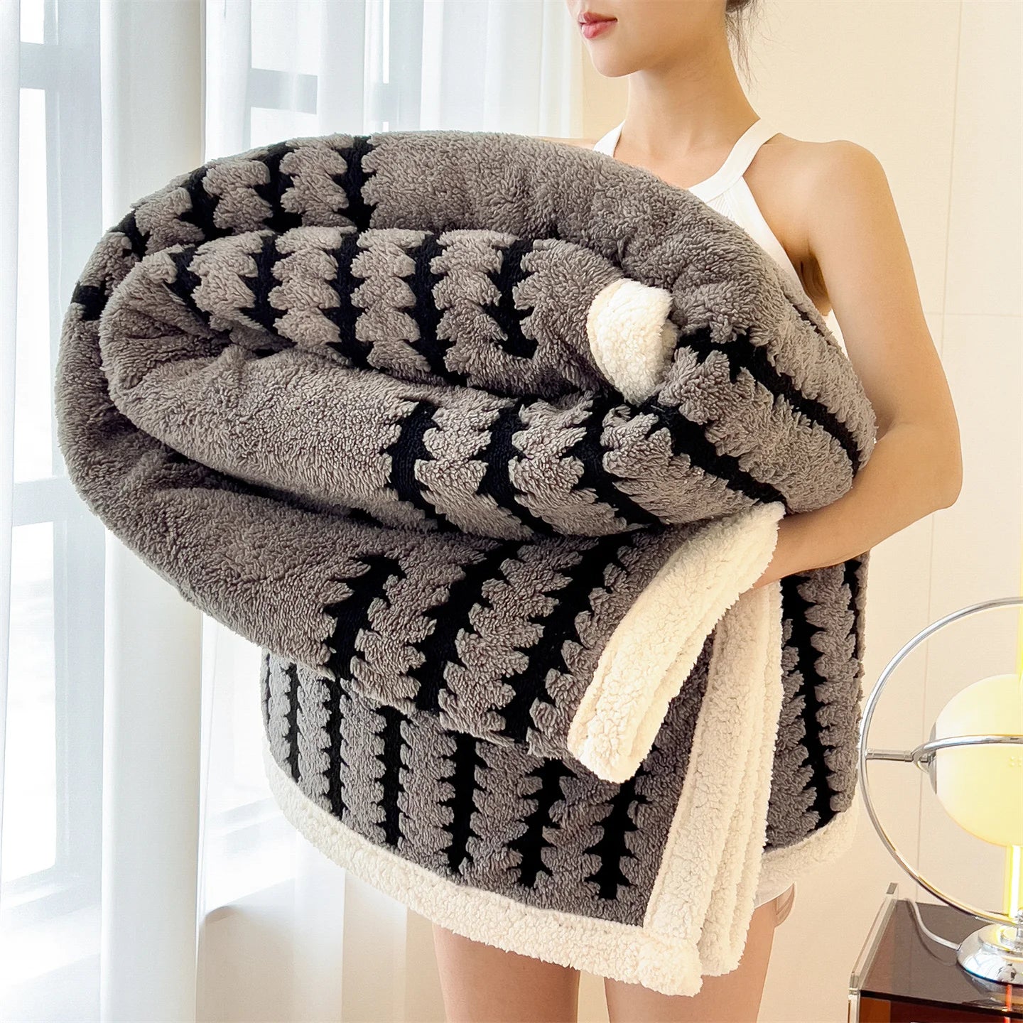 KDV Plush Blanket Ultra Soft Thick Fleece For Winter Warmth Geometric Striped Design For Sofa Bed And Bedroom For Adults