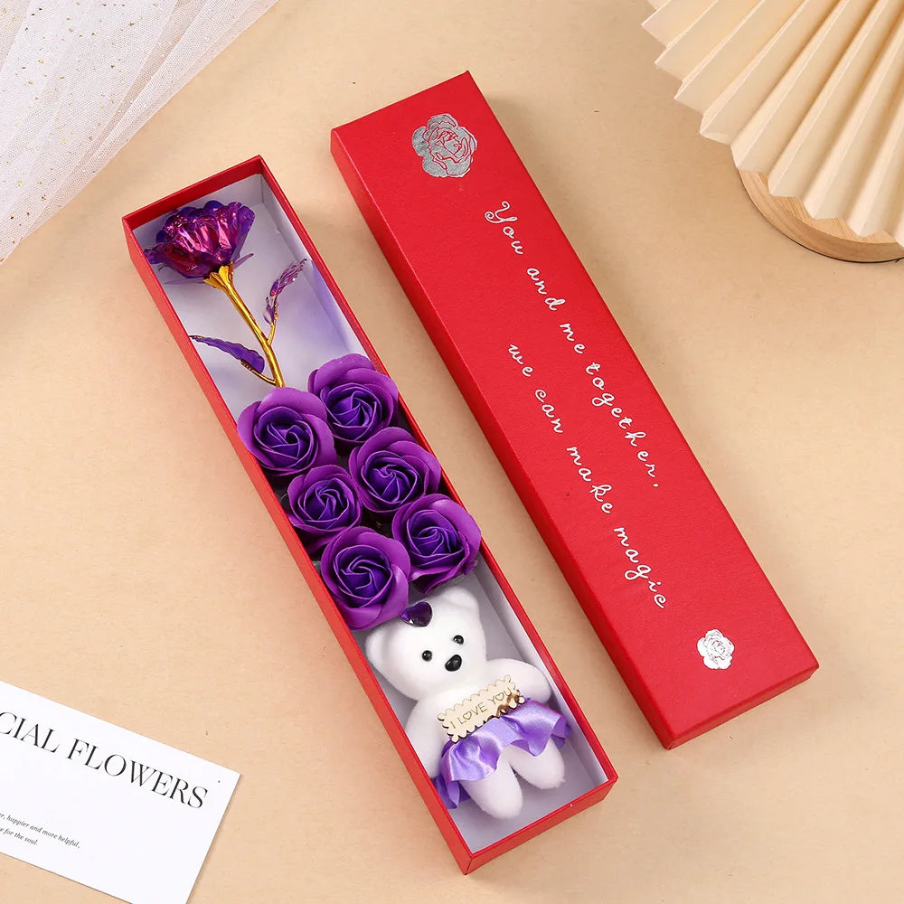 2026 Plush Bear Artificial Flower Gift Box Soap Rose Flowers 24K Gold Foil Rose Valentines Day Mother Day Gift Wedding Home Decor