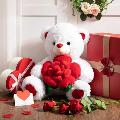 Valentines Day Bear Holding Rose Plush Toy Stuffed Animal Birthday Present for Girlfriend Wife Romantic Keepsake Home Decor Doll