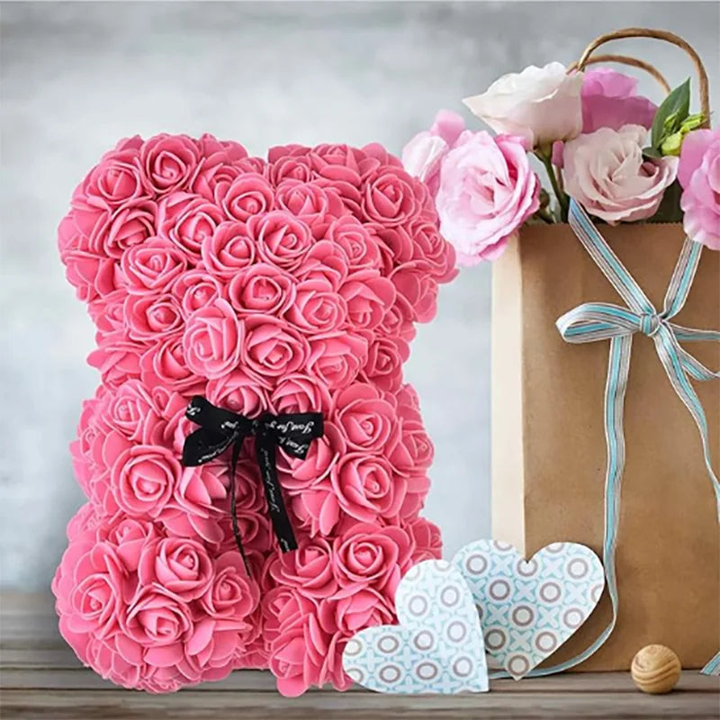 Teddy Rose Flower Bear with Box Romantic Valentines Day Gift Girlfriend Women Anniversary Wedding Party Supplies