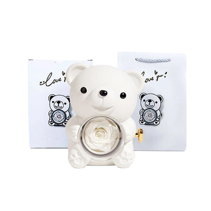 Preserved Rose Hug Bear with Preserved Flower Ring Necklace Organizer Gift Bear Shape Jewelry Box Valentine's Day Birthday Gift