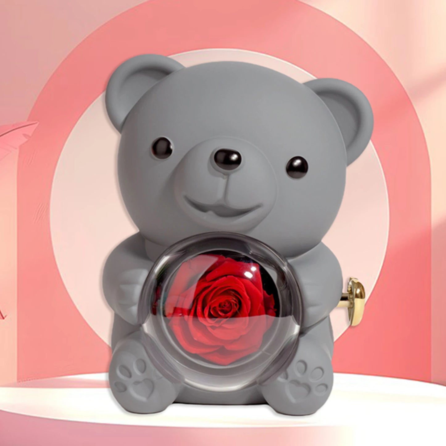 Preserved Rose Hug Bear with Preserved Flower Ring Necklace Organizer Gift Bear Shape Jewelry Box Valentine's Day Birthday Gift