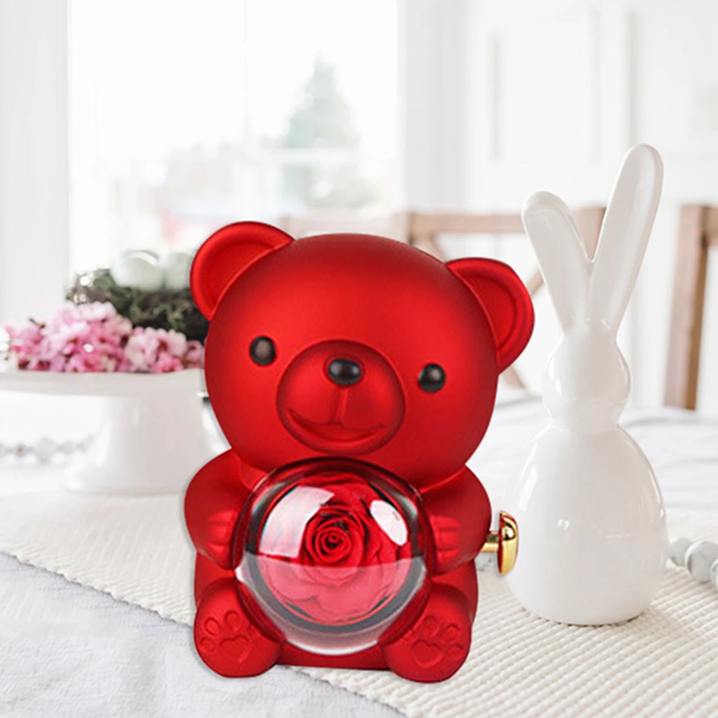 Preserved Rose Hug Bear with Preserved Flower Ring Necklace Organizer Gift Bear Shape Jewelry Box Valentine's Day Birthday Gift
