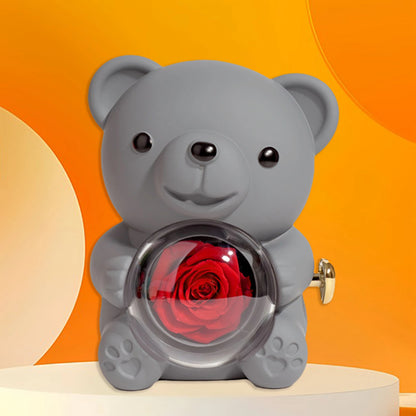Preserved Rose Hug Bear with Preserved Flower Ring Necklace Organizer Gift Bear Shape Jewelry Box Valentine's Day Birthday Gift
