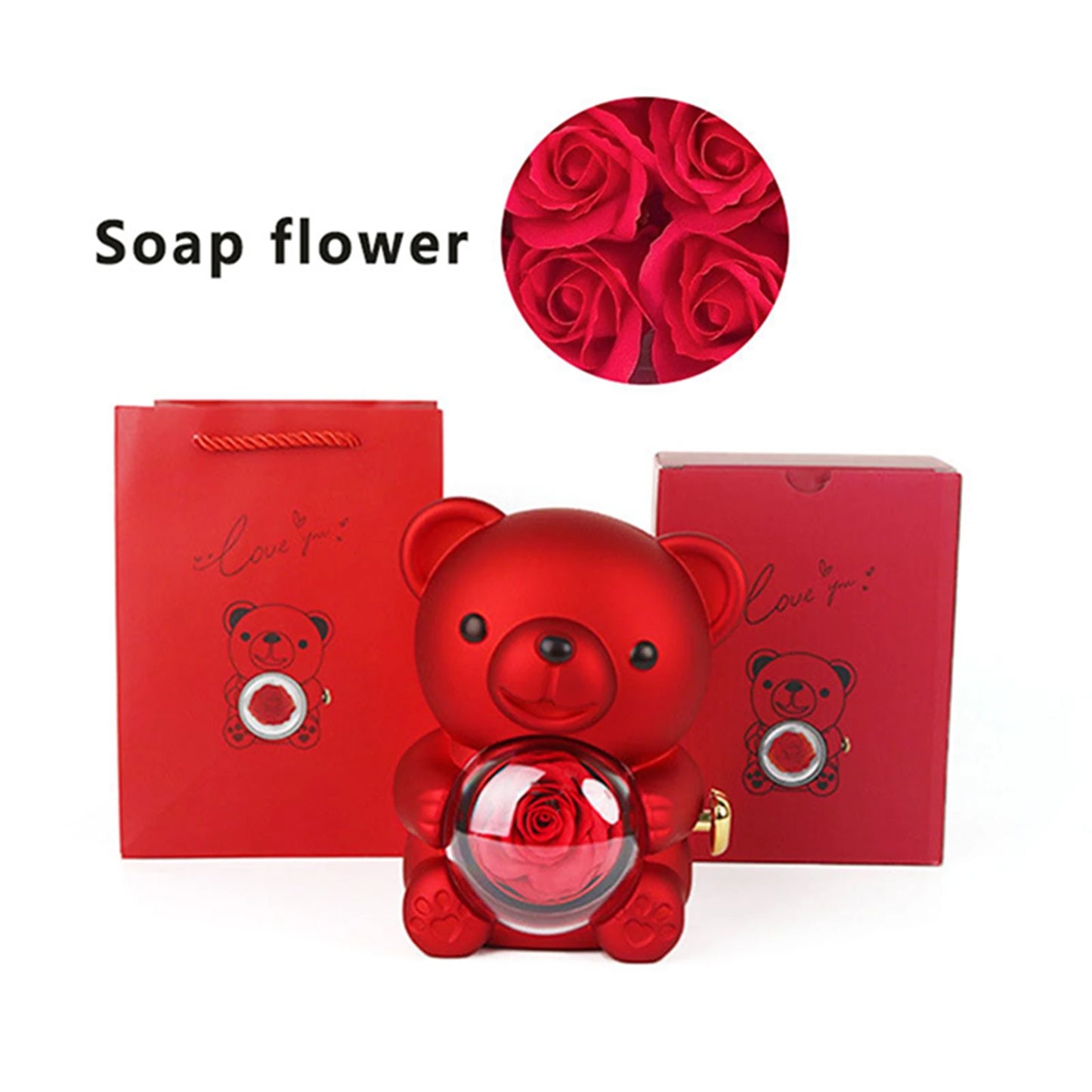 Preserved Rose Hug Bear with Preserved Flower Ring Necklace Organizer Gift Bear Shape Jewelry Box Valentine's Day Birthday Gift