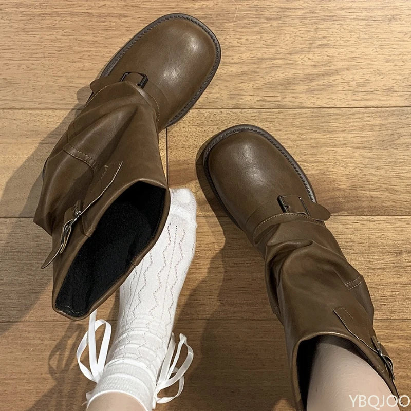 Choice Womens Western Cowboy Boots Slim Thick Stacked Heel Brown Retro Knee High