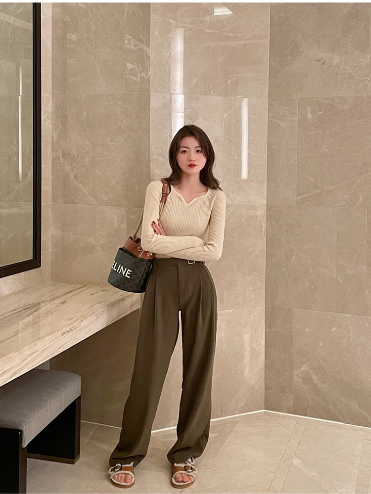 2025 Basic V-neck Chic  Autumn Winter Pullover Women Female Knitted Ribbed Sweater Slim Long Sleeve Badycon High Quality Sweater