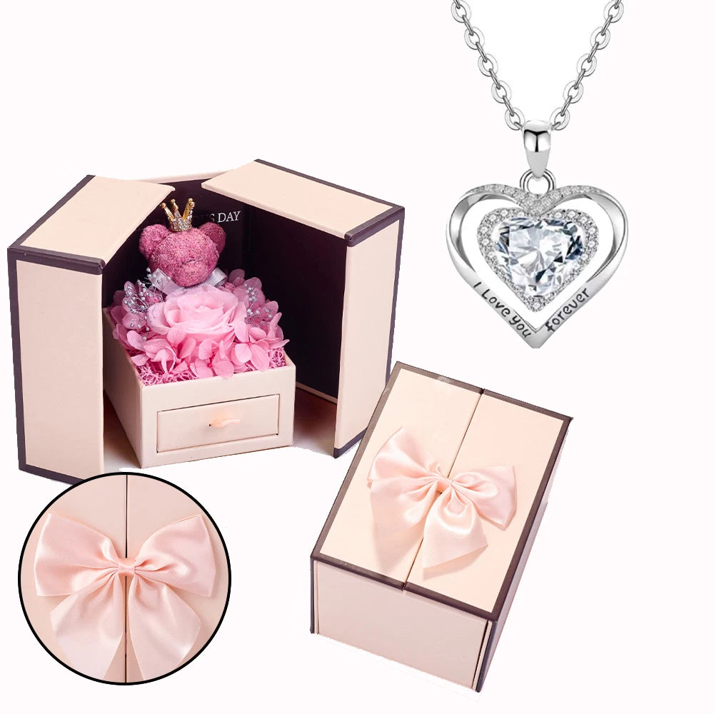 Heart Copper Zircon Pendant Necklaces With Cute Bear Rose Flower Gift Box New Christmas Friends Birthday Valentine Gifts