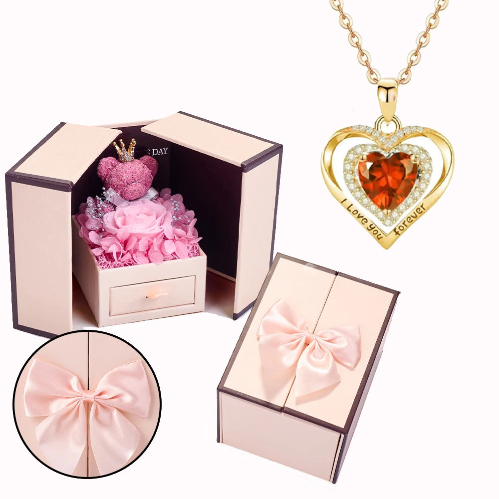 Heart Copper Zircon Pendant Necklaces With Cute Bear Rose Flower Gift Box New Christmas Friends Birthday Valentine Gifts