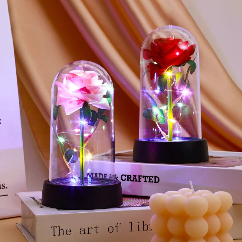 Rose Flowers Eternal Rose LED Light Foil Flower in Glass Cover Simulation Rose Flower Christmas Valentine's Day Gifts