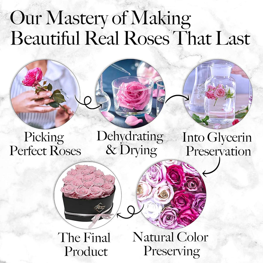 16PCS Natural Peserved Rose Eternal Forever Real Roses Heart Shape Box Immortal Flowers Mothers Valentines Day Gifts Home Decor