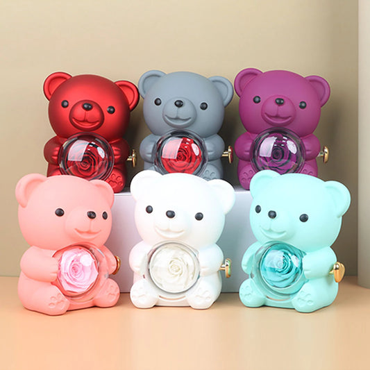 Preserved Rose Hug Bear with Preserved Flower Ring Necklace Organizer Gift Bear Shape Jewelry Box Valentine's Day Birthday Gift