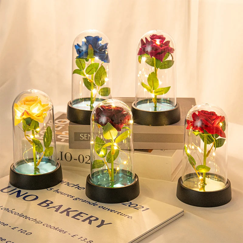 Artificial Rose Flowers Eternal Flower In Glass Cover Rose Light Wedding Birthday Gift Valentine's Day Luminescence Ornaments