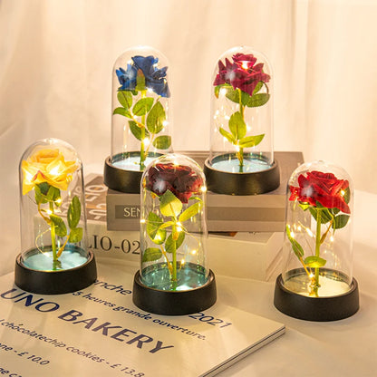 Artificial Rose Flowers Eternal Flower In Glass Cover Rose Light Wedding Birthday Gift Valentine's Day Luminescence Ornaments