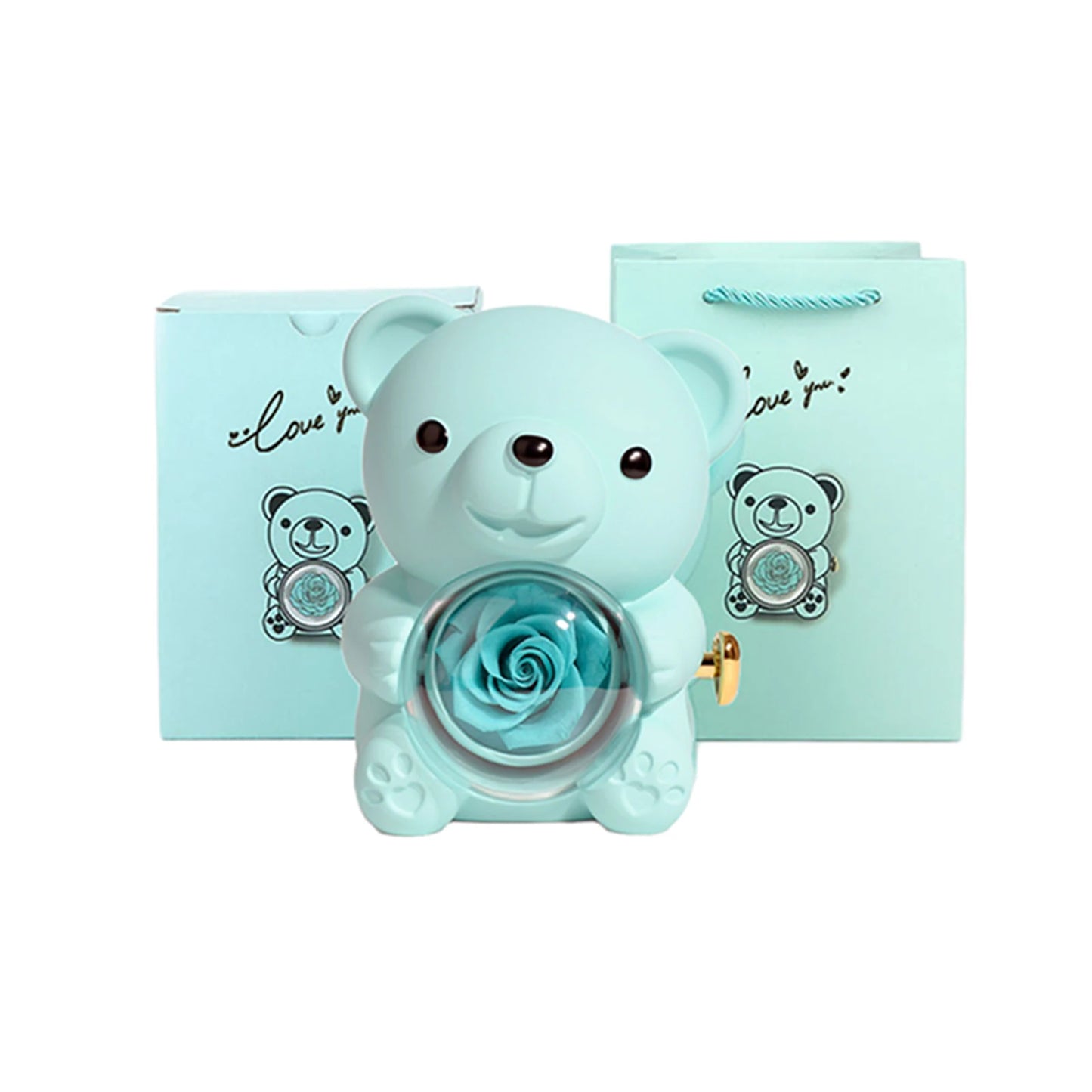 Preserved Rose Hug Bear with Preserved Flower Ring Necklace Organizer Gift Bear Shape Jewelry Box Valentine's Day Birthday Gift