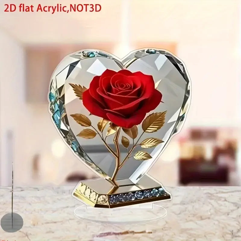 Choice Acrylic Bohemian Heart Shaped Ornament With Red Roses And Gold Accents For Elegant Desktop Decor