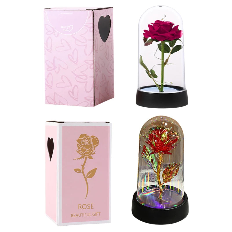 Rose Flowers Eternal Rose LED Light Foil Flower in Glass Cover Simulation Rose Flower Christmas Valentine's Day Gifts