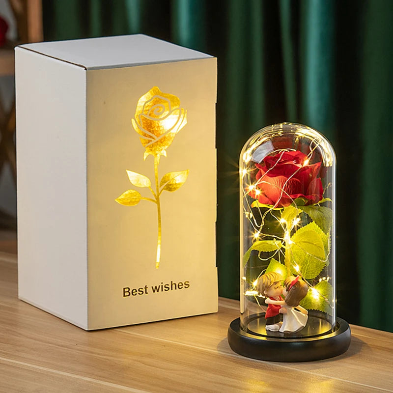 Rose Flowers Eternal Rose LED Light Foil Flower in Glass Cover Simulation Rose Flower Christmas Valentine's Day Gifts