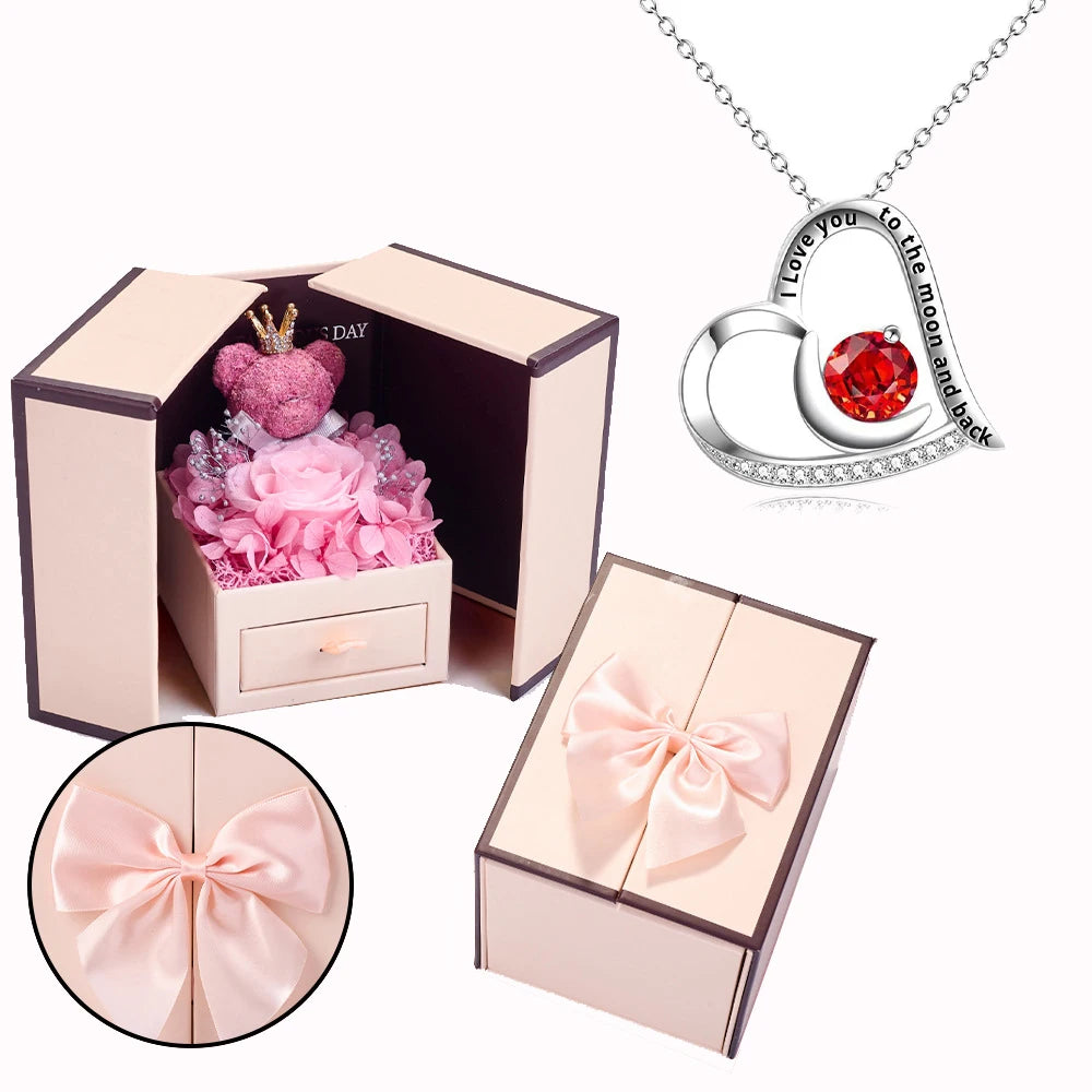Heart Copper Zircon Pendant Necklaces With Cute Bear Rose Flower Gift Box New Christmas Friends Birthday Valentine Gifts