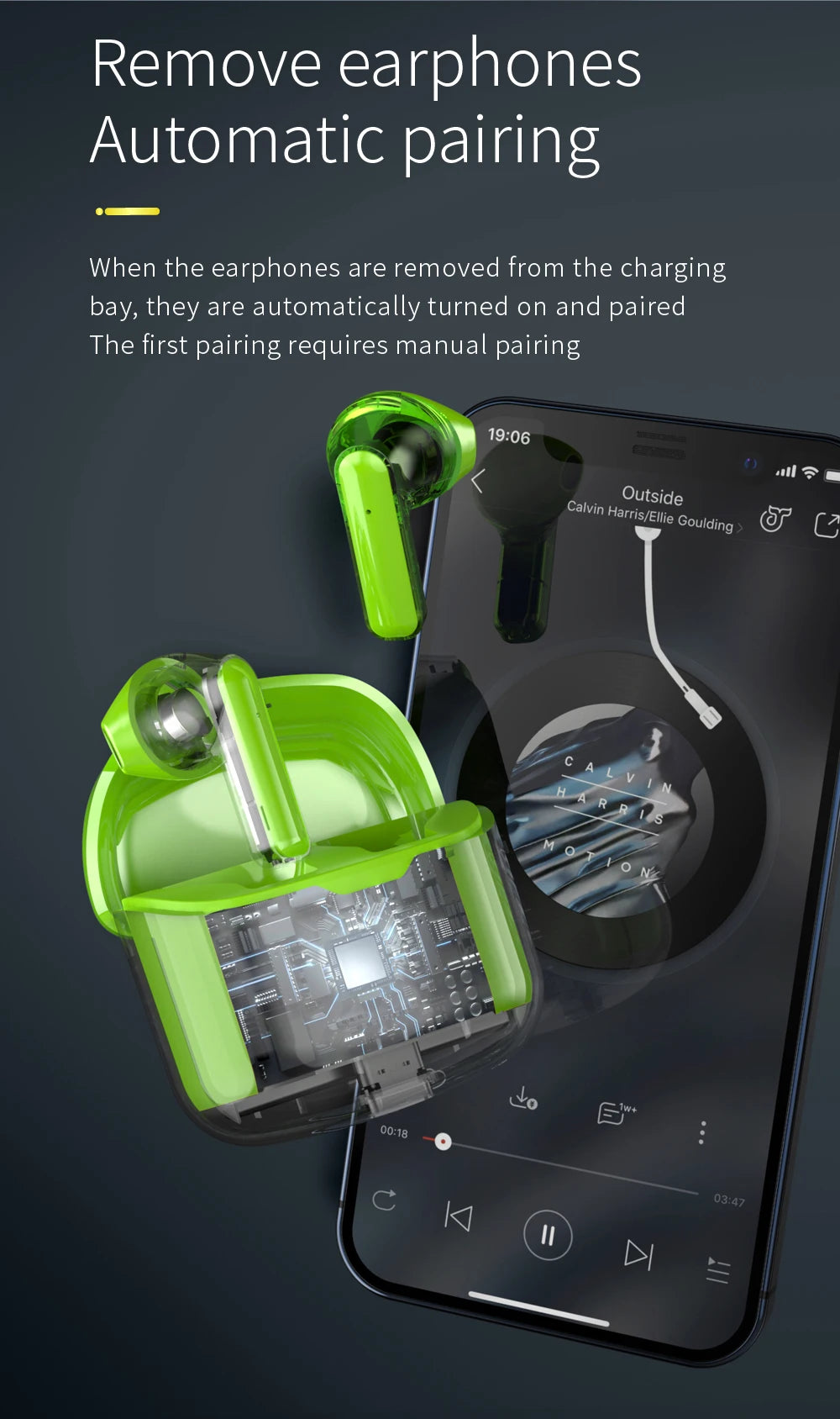 LCKICOO J225 TWS Bluetooth Earphones With 3D Curved Transparent Case, Smart Touch, HD Audio For Music Lovers