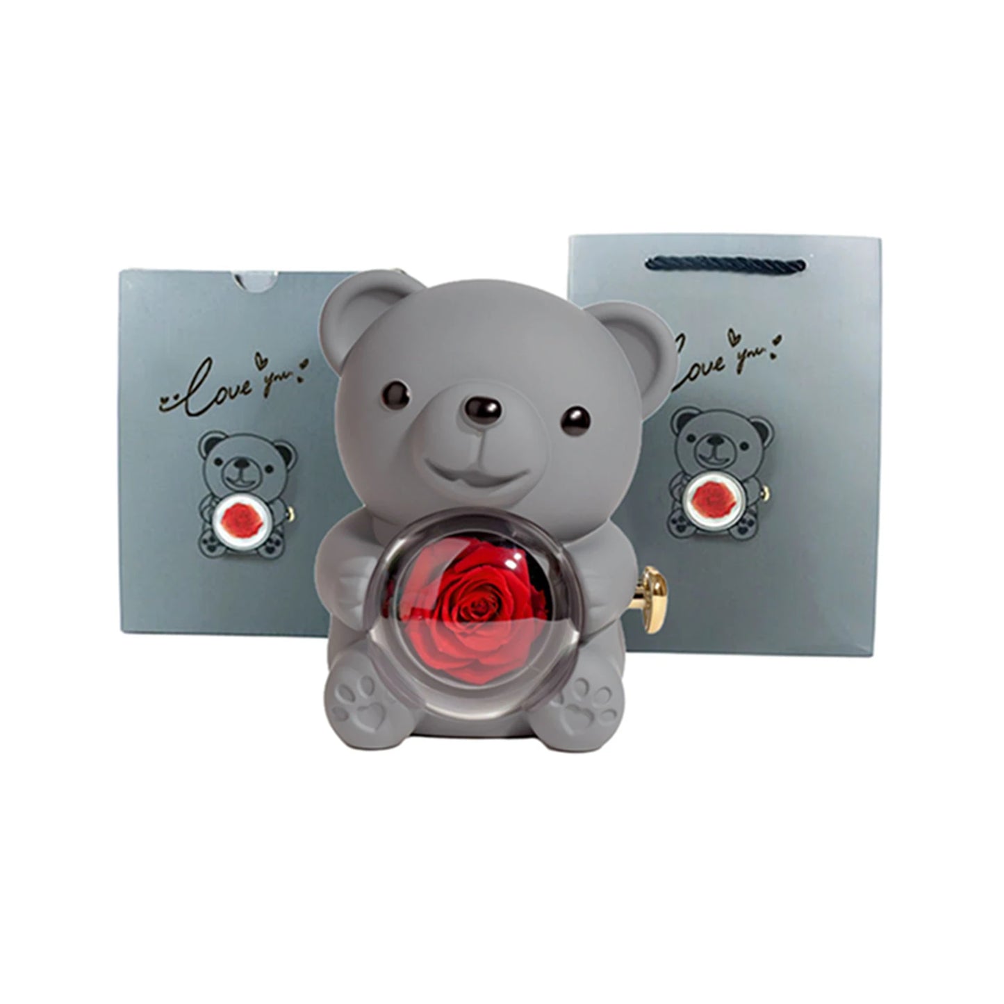 Preserved Rose Hug Bear with Preserved Flower Ring Necklace Organizer Gift Bear Shape Jewelry Box Valentine's Day Birthday Gift