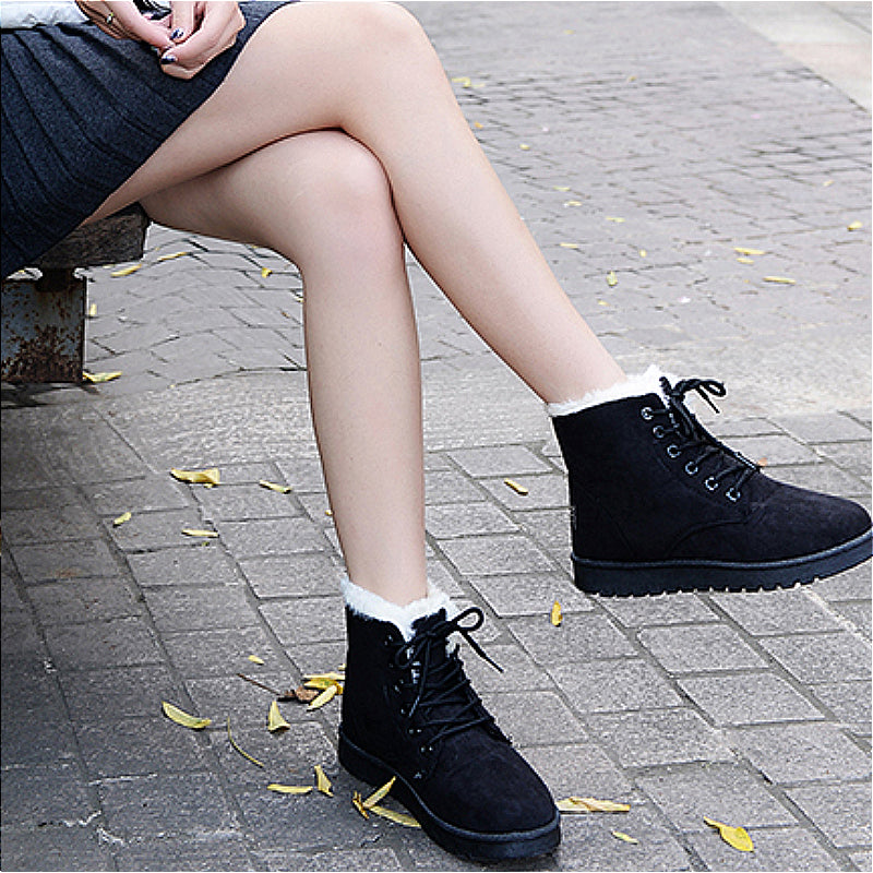 BCEBYL Women Ankle Boots Velvet Warm Cozy Plus Size Casual Cross Belt Round Toe Autumn Winter