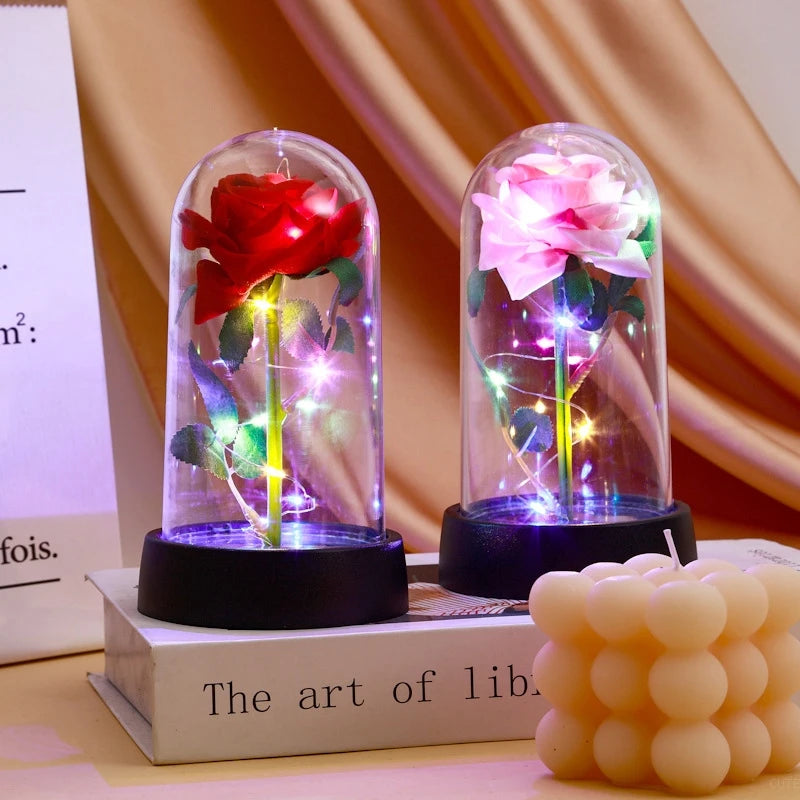 Eternal Flower Galaxy Rose Gifts Artificial Flowers in Transparent Dome Valentine's Day Gift Colorful Foil Rose Desktop Ornament