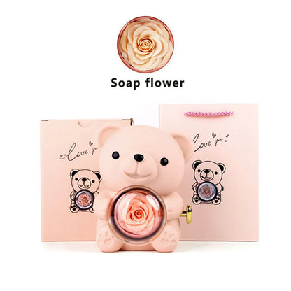 Preserved Rose Hug Bear with Preserved Flower Ring Necklace Organizer Gift Bear Shape Jewelry Box Valentine's Day Birthday Gift
