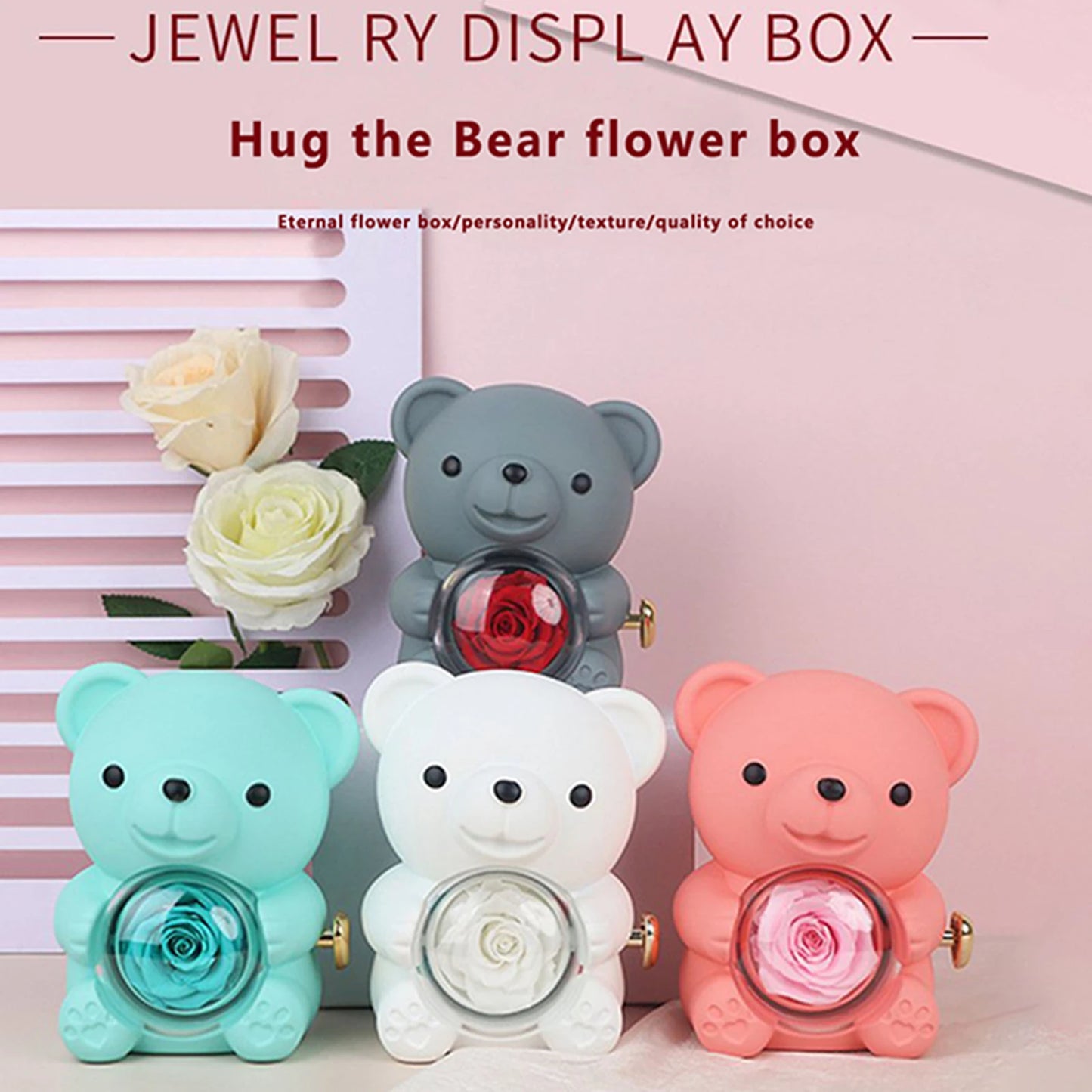 Preserved Rose Hug Bear with Preserved Flower Ring Necklace Organizer Gift Bear Shape Jewelry Box Valentine's Day Birthday Gift