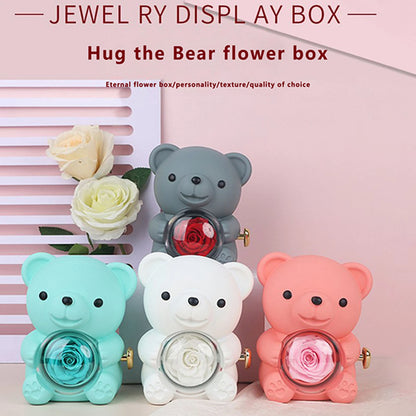 Preserved Rose Hug Bear with Preserved Flower Ring Necklace Organizer Gift Bear Shape Jewelry Box Valentine's Day Birthday Gift